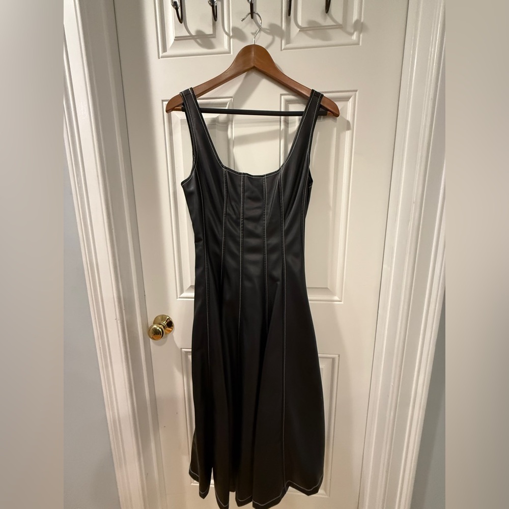 STAUD  Black Dress: faux leather, low, plunging neckline,  A-line silhouette.